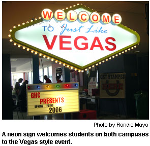 A neon sign welcomes students on both campuses to the Vegas style event.