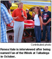Renea Hale is interviewed after being named Fan of the Week at Talladega in October.