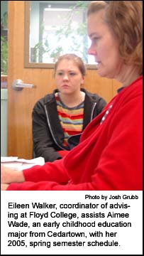 Eileen Walker, coordinator of advising at Georgia Highlands College, assists Aimee Wade, an early childhood education major from Cedartown, with her 2005 spring semester schedule.