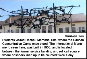 Students visited Dachau Memorial Site, where the Dachau Concentration Camp once stood. The International Monument, seen here, was built in 1956, and is located between the former sevice building and roll call square, where prisoners lined up to be counted twice a day.