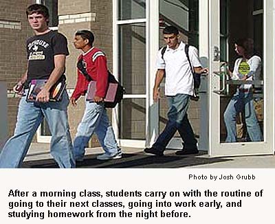 After a morning class, students carry on with the routine of going to their next classes, going
into work early, and studying homework from the night before.