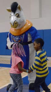 In response to an appeal in “Karlee’s Corner,” Georgia Highlands’ beloved mascot has returned. Bolt dances with young GHC fans on Feb. 25. Photo by Pedro Zavala
