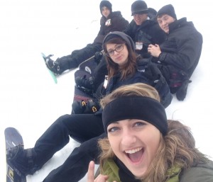 (from bottom) Cheyenne Case, Lindsey Grenier and Ian McGraw take a break from snowboarding to take a photo with their fellow snowboarders Will Henderson and Ross McGrew contributed