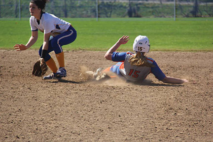 Freshman, Kayleigh Medlin slides into first base. Photo contributed