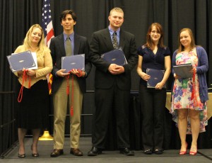 (From left) Amelia Bagwell, Julian Orjuela, Stephen Hood, Laurel Wickman and Marilyn Trudeau-Walls recieve their URIT certificates. Photo by Ryan Jones.