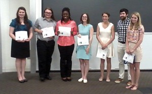 Final round participants (from left) are Brianna Benefield, Jessica Fisher, Malika Jones, Kiston Dowler, Emily Larisch, Adric Coker and Amber Patton. Photo by Connor Henderson. 