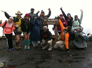 Students from left Erika White, Illiana Alderfer, Cassidy Alderfer, Clint Richards, Amanda Nieman, Wes Chambers, Justin Shooks (kneeling), Alisha Rowell, Matt Williams, Breanna Gehweiler, Amanda Haulk, Mayra Chavez hiked up Mt. Washburn during the storm. This is also where Matt Williams surprise proposal took place. Photo by Kiston Dowler.