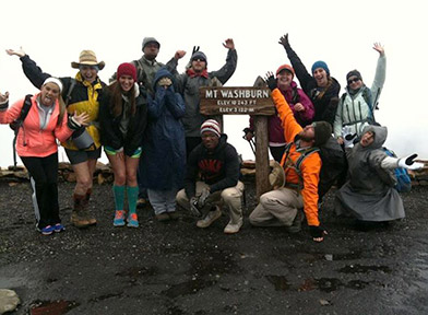 Students from left Erika White, Illiana Alderfer, Cassidy Alderfer, Clint Richards, Amanda Nieman, Wes Chambers, Justin Shooks (kneeling), Alisha Rowell, Matt Williams, Breanna Gehweiler, Amanda Haulk, Mayra Chavez hiked up Mt. Washburn during the storm. This is also where Matt Williams surprise proposal took place.
Photo by Kiston Dowler.