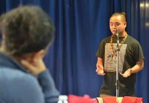 Students gather in the Floyd campus Student Center to hear G. Yamazawa’s slam poetry. Photo by Jeremy Huskins.