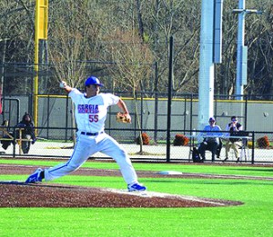 Justin Pedone pitches at the  chargers home opener, feb. 7, against Roane State. Photo by Shelby Hogland