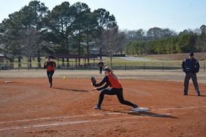 Kayleigh Medlin catches the ball for an out, Feb. 28. Shelby Hogland.