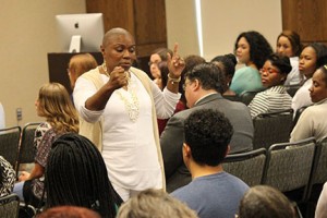 Lisa Williams, author of “Beautiful Layers,” speaks to those in attendance on the Cartersville campus about her life as a survivor of violence.Photo by Jessyca Arndt.