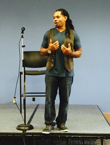 Devery Broox shares his poetic beat with Highlands students at the Floyd campus. Photo by Stacey Moffett.