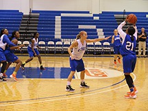 Lady Chargers Sydney Garanig, Danyelle Blankinship, Maria Croder, Alicia Johnson, Pamela Diokpaka and Taylor Harris practice for the game.
Photo by Christina Goodwin