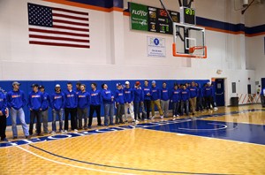 This year's Highlands' baseball players line up on the court during halftime at the Jan. 18 home Chargers basketball game. Photo by Taylor Barton