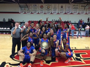 The GHC Lady Chargers show off their trophy at the GCAA Division I Championship, where they won 65-63. Contributed photo