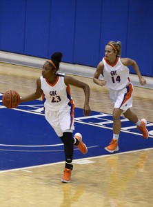 Taylor Harris (left) and Maris Crider dribble the ball into play. Photo by Taylor Barton