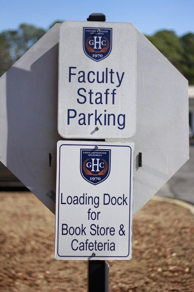 GHC’s restricted parking sign on Floyd campus marks entrance to faculty/staff lot.  Photo by Shannon Francis 