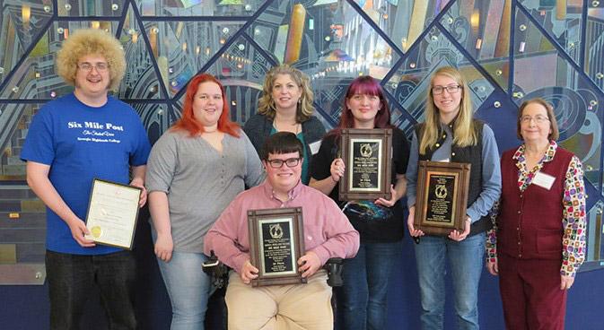 Back row from left, Lucas Caylor, Kacey Neese, Adviser Cindy Wheeler, Kayla Jameson, Margaret Gardner and Adviser Kristie Kemper along with Joshua Mabry, front, bring home several awards from the GCPA press institute. 
Contributed photo 

