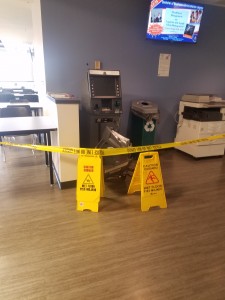 The ATM machine in the Floyd campus Student Center after someone attempted to break-in to it.  Photo by Kacey Neese