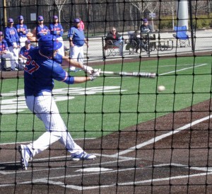 Matthew Vacarro runs to second base during the doubleheader on Feb. 25. Photo by Daniel Smith