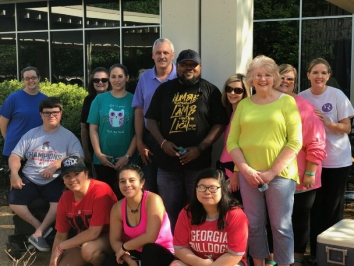 Participants of the FCA Prayer Walk gather in the Floyd campus courtyard after the walk. Contributed 