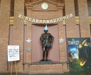 The statue of Shakespeare at ASF wears a party hat in honor of his April 23 birthday. Photo by Kacey Neese