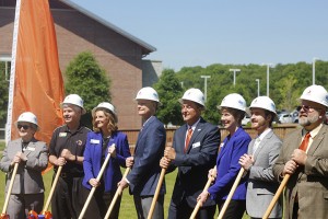 From left Renva Watterson Vice President for Academic Affairs,Todd Jones Vice President for Student Affairs, Leslie Johnson Cartersville Campus Dean, Steve Wrigley Chancellor of the University System of Georgia, Donald Green President of Georgia Highlands College, Mary Transue Vice President of Advancement, Lucas Lester Student Government President and  Jeff Davis Vice President of Finance & Administration participate in ground breaking at Cartersville campus. Photo by Kaileb Webb 