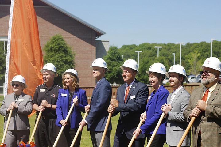 From left Renva Watterson Vice President for Academic Affairs,Todd Jones
Vice President for Student Affairs, Leslie Johnson Cartersville Campus Dean, Steve Wrigley Chancellor of the University System of Georgia, Donald Green
President of Georgia Highlands College, Mary Transue Vice President of Advancement, Lucas Lester Student Government President and  Jeff Davis
Vice President of Finance & Administration participate in ground breaking at Cartersville campus.
Photo by Kaileb Webb
