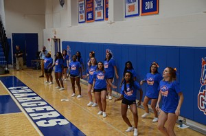 Photo by Jaida Lovelace The Chargers cheerleaders cheer on the men’s basketball team during the home opener on Nov. 8. 