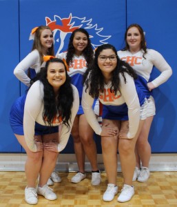 Cheerleaders support GHC Chargers during the Jan. 23 game against East Georgia Bobcats: (top row from left) Kristen Hatfield, Jazlynn Mercer and Madison Bartlett; (bottom row from left) Hannah Moody and Hannah Maxwell. Photo by Catie Sullivan