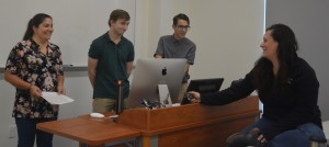 From left, Instructor of Chemistry Erin Kingston, student Jacob Pirkle, dual enrolled student Tony Hernandez and Interim Dean of Natural Sciences and Physical Education Sarah Tesar practice their approximately 20-minute presentation about GHC’s chemistry department. Photo by Catie Sullivan