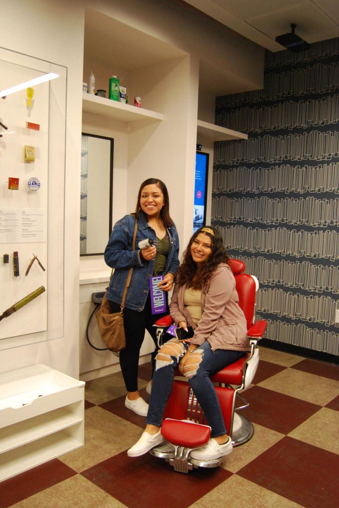 Stephanie and Alexandra from the Marietta campus
experience the interactive barbershop at the Atlanta
History Center. 
Photo by Michelle Hardin