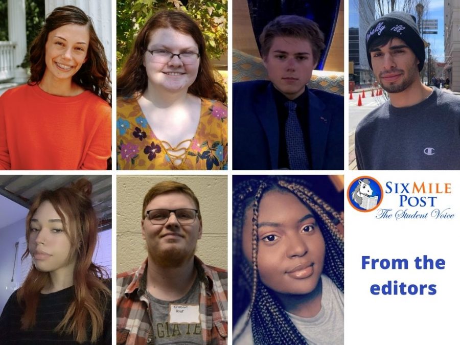 The Six Mile Post editors share their reflections about working remotely this year. Pictured top left to right is Olivia Fortner, Russell Chesnut, Jackson Morris and Joshua Mata. On bottom from left to right, see Mariah Redmond, Brandon Dyer and Alexis Johnson. 