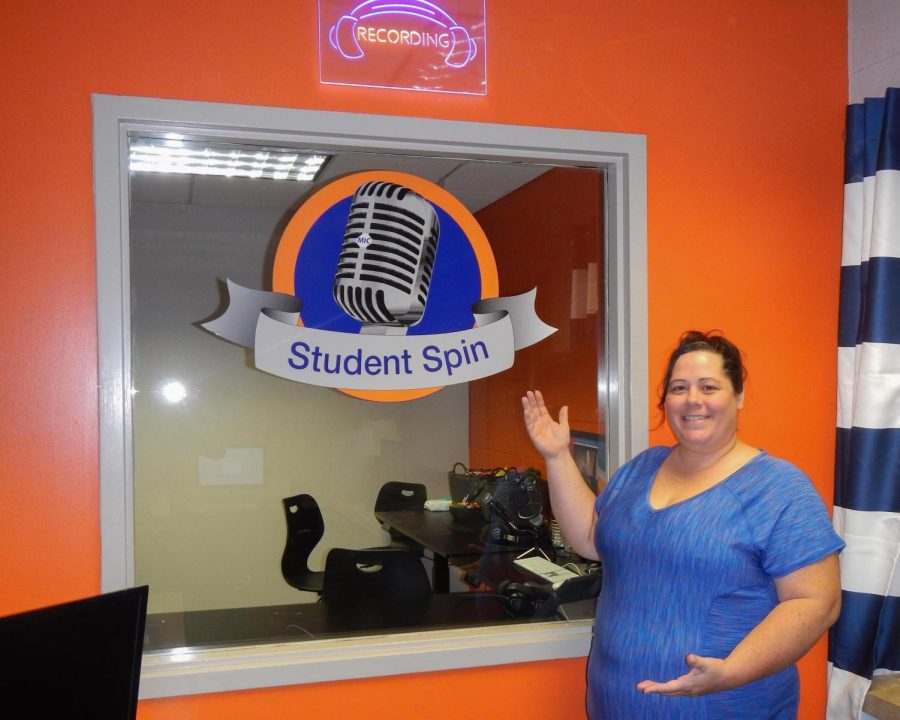 Kimberly Lyons, Senior Producer at Student Spin, shows off the dedicated recording studio located in the Media Innovation Center at the Floyd campus.