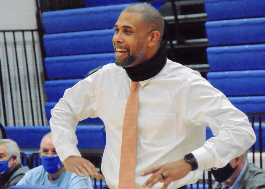 Chargers Head Coach JJ Merritt celebrates after a basket in the Chargers game against Central Georgia Technical College on March 23, 2021.