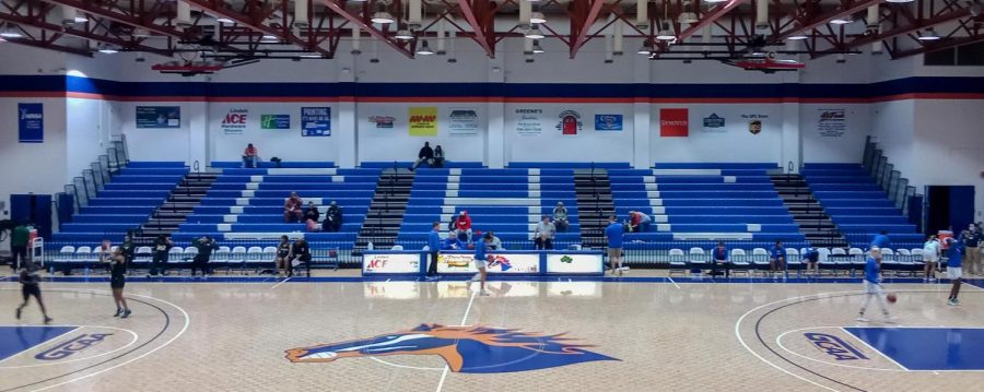 The visiting side of the game between the Georgia Highlands Lady Chargers and East Georgia State Lady Bobcats is nearly empty during the game on Dec. 1, 2021.