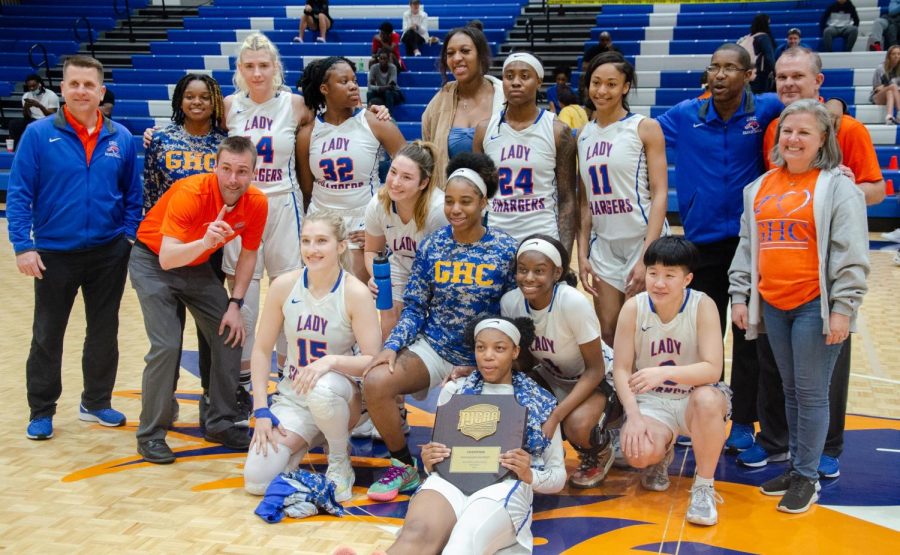 Lady Chargers celebrate their district championship win over Spartanburg Methodist on Mar. 6, 2022.