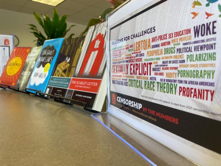 Banned and challenged books stand alongside an infographic of the top ten most challenged or banned books of 2021 at the GHC Paulding Learning Commons library. Books have been challenged and banned for decades for various reasons. Some of the most notable banned titles are 
