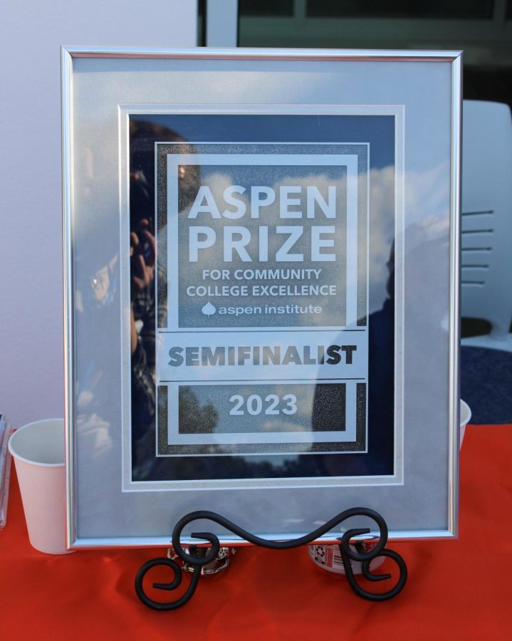 The Aspen Prize plaque earned by GHC as a 2023 semifinalist was on display on the promotional table outside the Winn building.