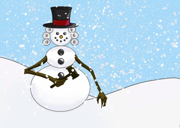 Snowman in a top hat with a gavel in their hand while it is snowing