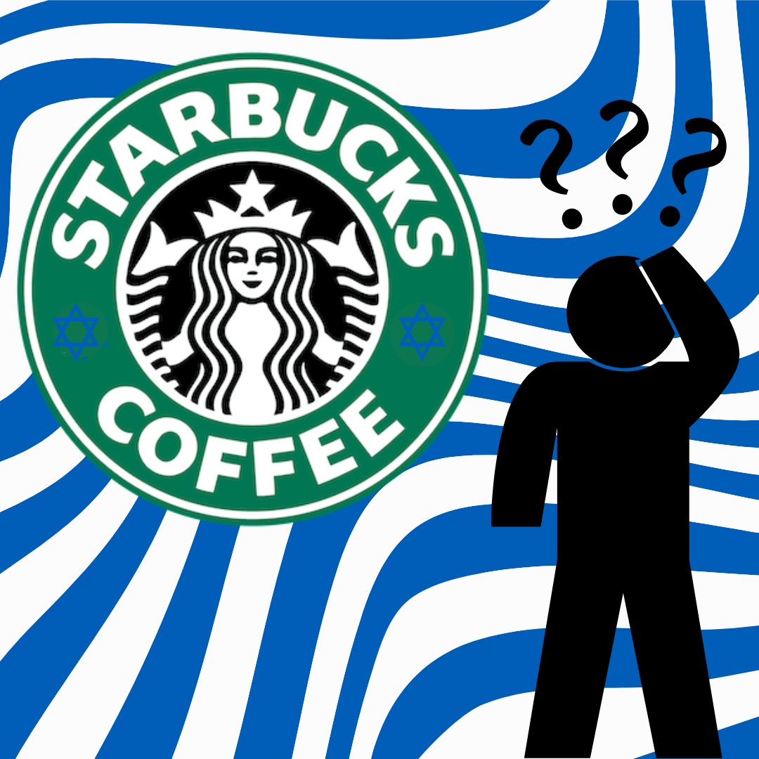 The Starbucks logo appears against a background featuring the colors of Israels flag. Instead of the typical white stars, the logo incorporates the star from Israels flag, symbolizing the companys connection with Israel. A person-like figure looks curious in the scene.