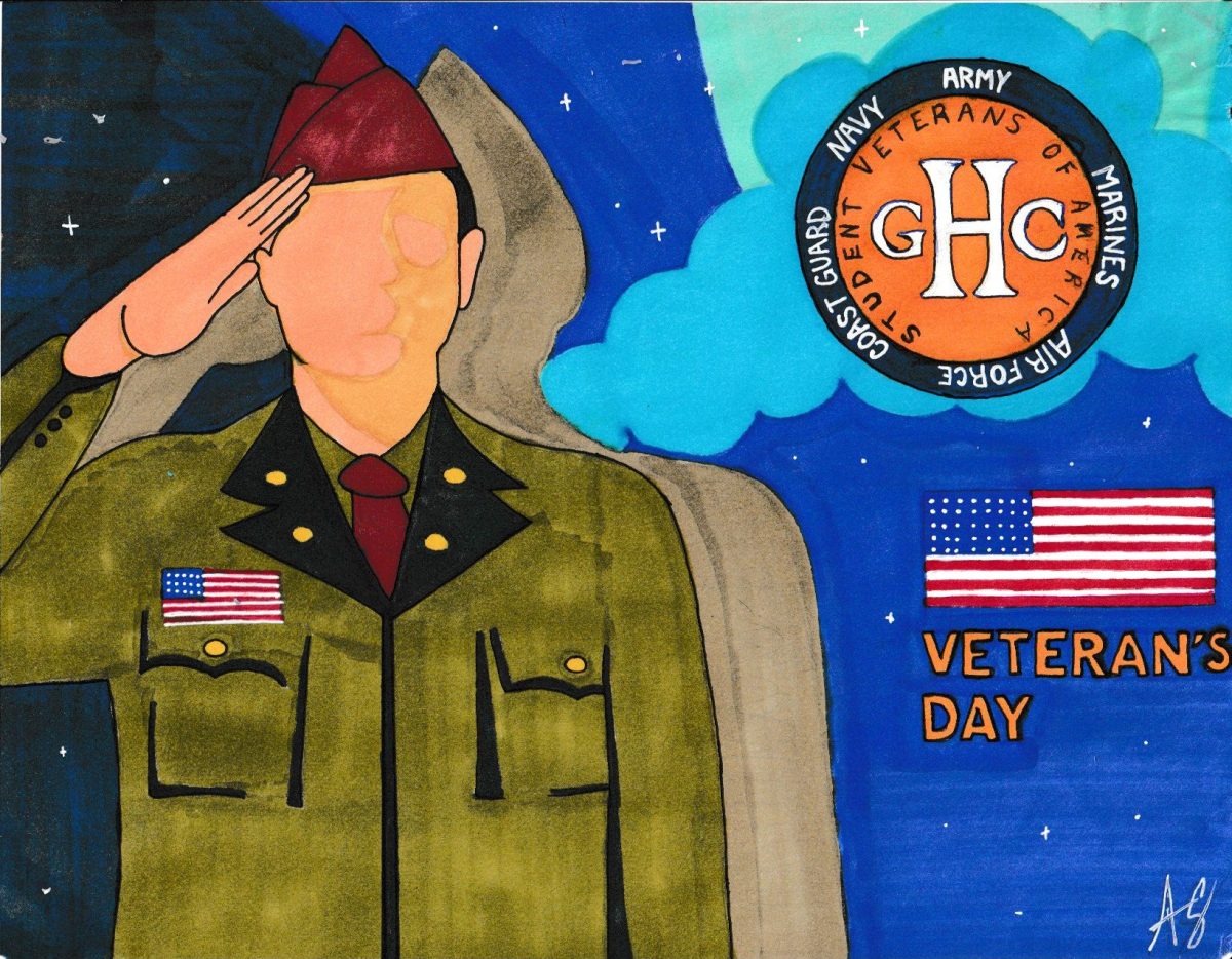 Graphic includes a soldier, American flags and our GHC Student Veterans of America Patch in the top right corner. Happy Veterans Day!