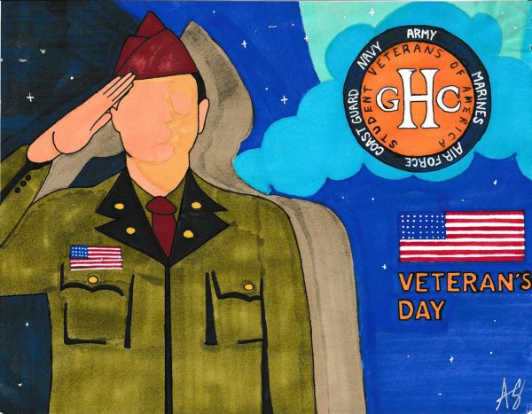 Graphic includes a soldier, American flags and our GHC Student Veterans of America Patch in the top right corner. Happy Veterans Day!