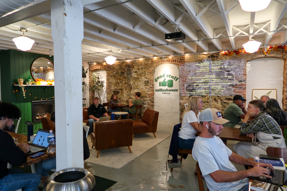 Students and residents of downtown Dallas enjoy a cup of coffee while they work or relax at Good Stuff Coffee House. 