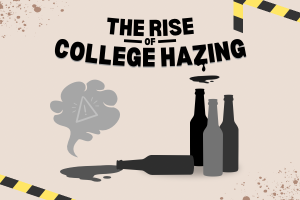 Visual depiction of the risks of college hazing using imagery of spilled alcohol and caution tape.