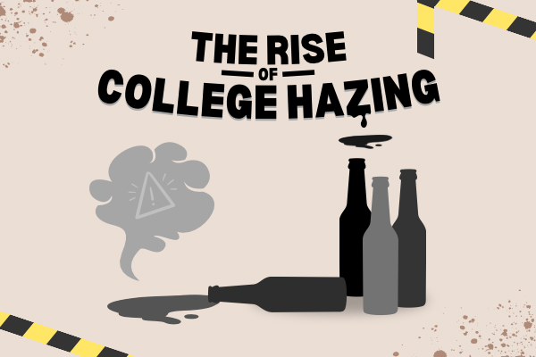 Visual depiction of the risks of college hazing using imagery of spilled alcohol and caution tape.
